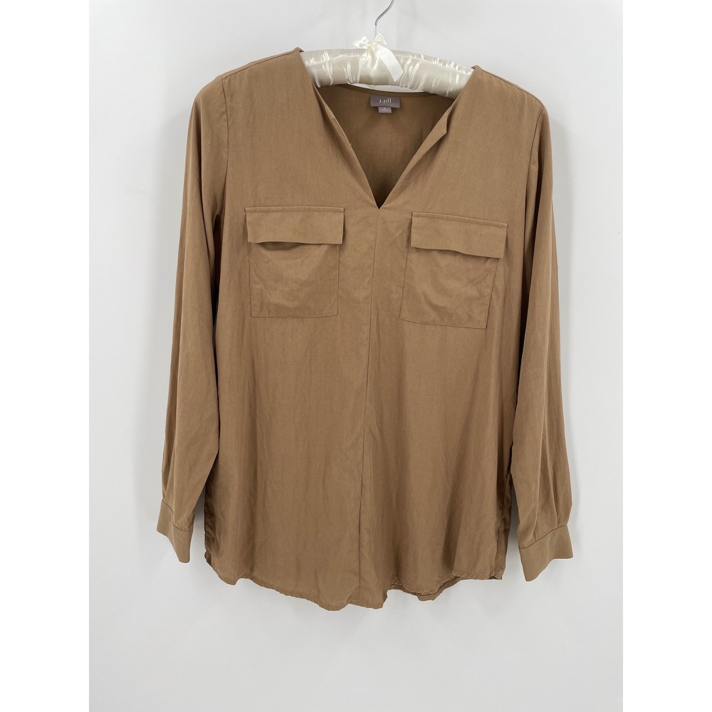 J Jill 100% Silk Camel Brown Utility Tunic Blouse V Neck Pockets Womens Small
